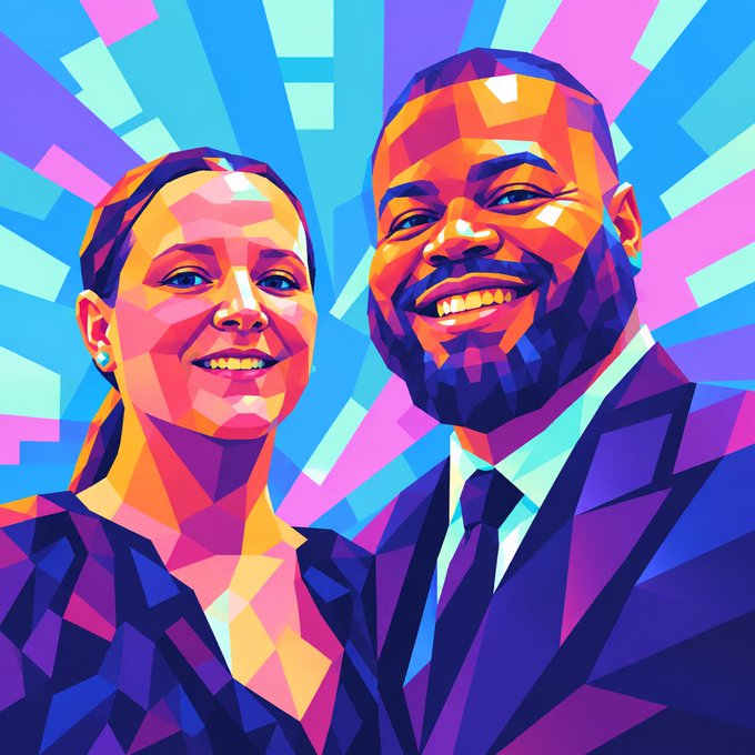 A vibrant, colorful geometric pop-art style digital illustration depicts a smiling woman and man against a bright blue background with pink and purple rays.