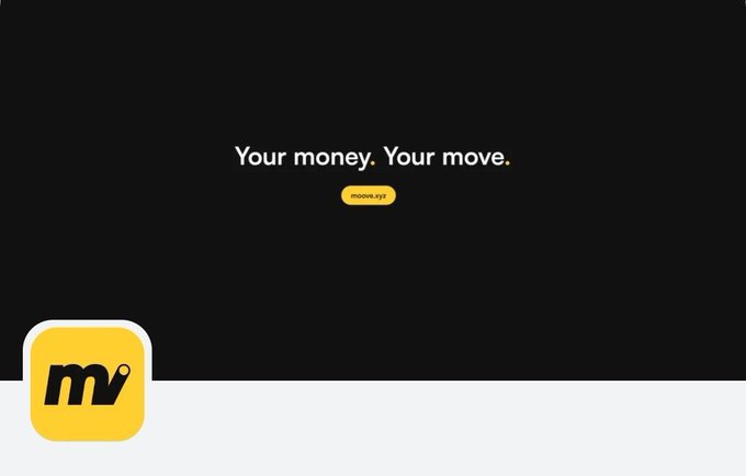 The image features a website called "moovexyz" with a black background and white text that reads "Your money. Your move." The website has a yellow logo at the bottom of the screen, which is an icon for the app. The main content of the image is focused on promoting the app and encouraging users to engage with it by posting on social media or using Discord to spread the word about the app's rewards program.
