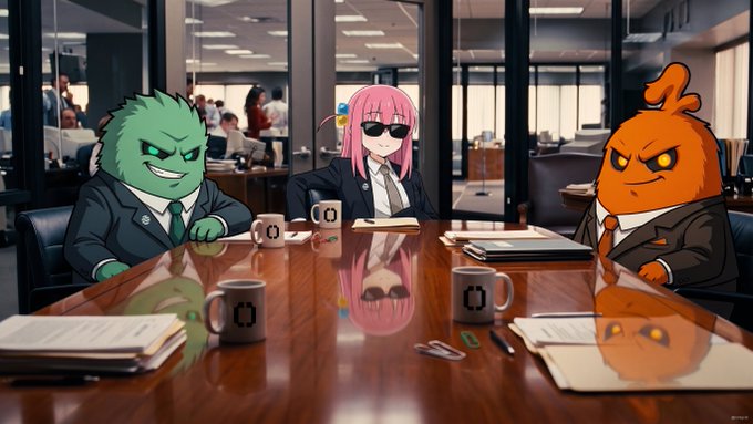 An anime-style illustration depicts a corporate boardroom meeting where three characters—a green-skinned figure, a pink-haired woman in a suit, and an orange flame-headed figure—sit around a polished table with coffee mugs and documents, representing key players in a blockchain collaboration. The image visually reinforces the post's message about OpenStandard bringing AptosLabs on as a launch partner for stablecoin development, with the figures symbolizing the major "money movers" driving billions in stablecoin transactions on the Aptos blockchain.