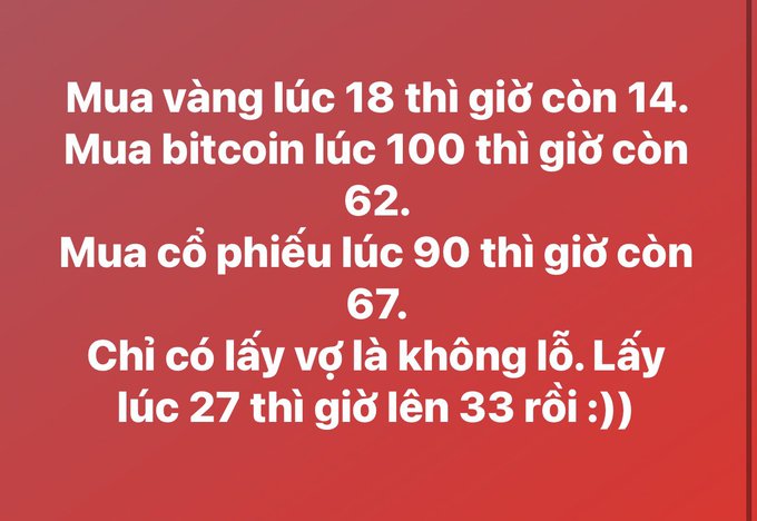 Vietnamese meme on red background: 'Mua vàng lúc 18 thì giờ còn 14. Mua bitcoin lúc 100 thì giờ còn 62. Mua cổ phiếu lúc 90 thì giờ còn 67. Chỉ có lấy vợ là không lỗ. Lấy lúc 27 thì giờ lên 33 rồi :))' (translates to: Only taking a wife isn't a loss).