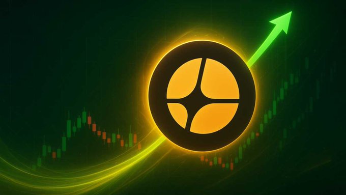 A glowing orange circular logo with a stylized "A" design sits center stage against a dark green background featuring a green candlestick chart and an upward-pointing arrow, visually reinforcing the post's sentiment that $ASTER's trading dynamics and community momentum have noticeably strengthened over the past month.