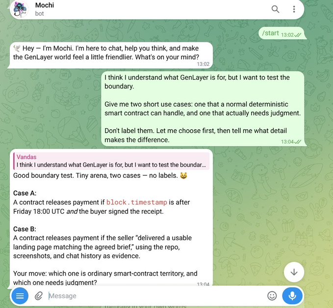 A Telegram chat with a bot named 'Mochi' discussing GenLayer, presenting two contract use cases (a timestamp-based payment and a subjective deliverable judgment) to test the system's boundaries.