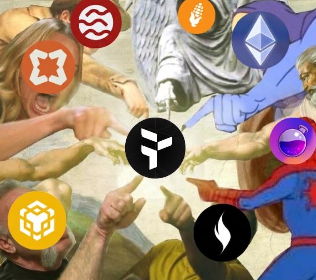 The image features a collage of various logos and icons related to Bitcoin and cryptocurrency. The main focus is on the Bitcoin logo, which is surrounded by other symbols such as a shield, a sword, a person's hand holding a coin, and a person wearing a mask with a gun. These elements are arranged in a circular pattern around the Bitcoin logo, creating an interesting visual effect that highlights the importance of Bitcoin and its associated technologies. The image also includes text that reads "@useTria" and "@focusOn", which further emphasizes the connection between the Bitcoin logo and Tria's technology offerings.