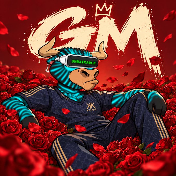 An illustration depicts a cartoon bull character wearing a tracksuit and a VR headset labeled 'UNBAIRAUBLE', reclining in a field of red roses beneath graffiti-style 'GM' text with a crown.