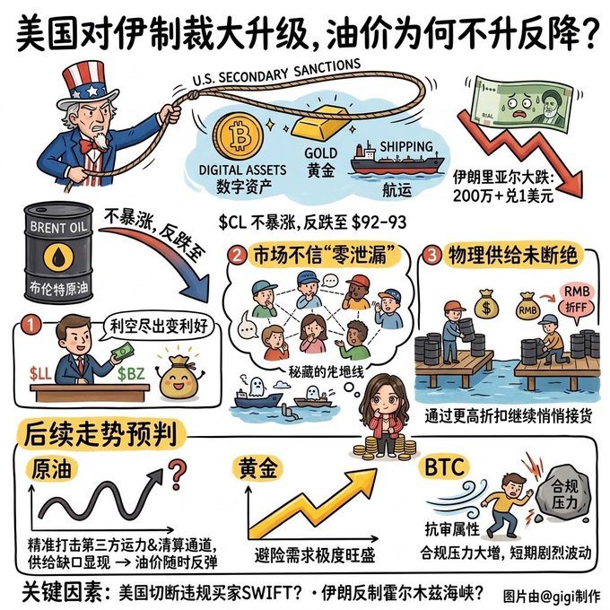 A Chinese language infographic analyzing US sanctions against Iran, oil prices, gold, and Bitcoin (BTC), featuring cartoon illustrations and Chinese text analyzing market trends and the impact on digital assets.