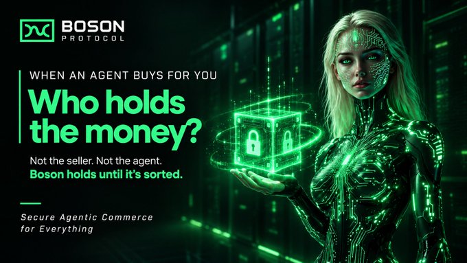 Boson Protocol advertisement featuring a cybernetic female figure holding a glowing padlock cube, with text reading 'When an agent buys for you, Who holds the money? Not the seller. Not the agent. Boson holds until it's sorted.'