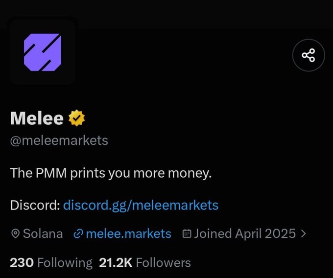 A Twitter/X profile page for "Melee" (@meleemarkets) on Solana with a verified badge, bio reading "The PMM prints you more money," and 21.2K followers.