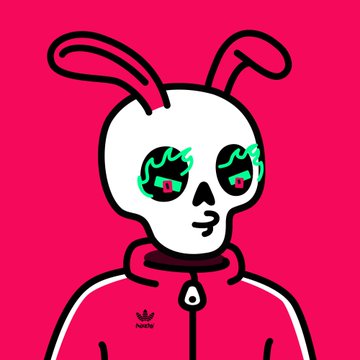 A stylized digital illustration of a white rabbit-headed character with big tearful eyes wearing a pink Adidas track jacket.