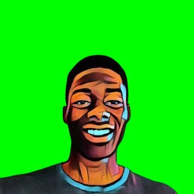 A digital illustration of a smiling Black man with blue highlights on his face, set against a bright green screen background.