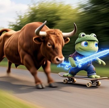 A digital illustration shows a frog character holding a glowing blue katana while skateboarding, being chased by a large brown bull.