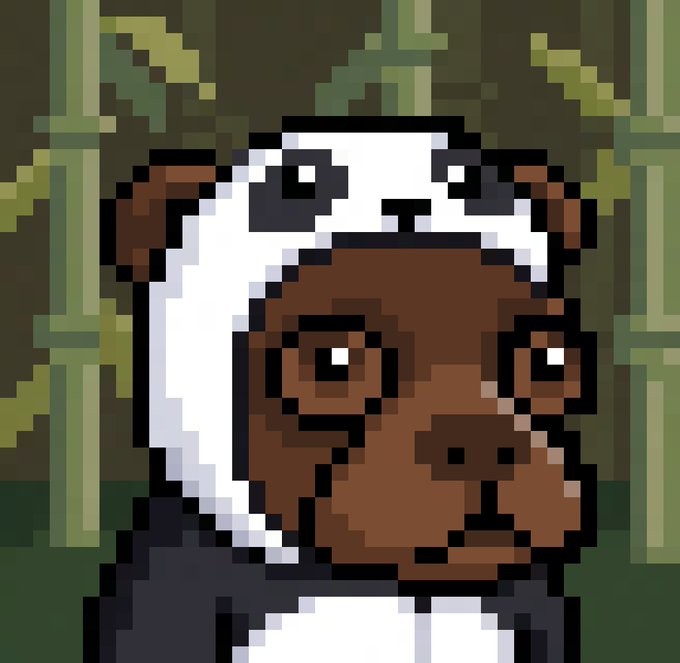 A pixel art illustration of a brown bear wearing a panda-like white and black hood, set against a bamboo forest background, matching the "hoodbear" branding in the post's website link.