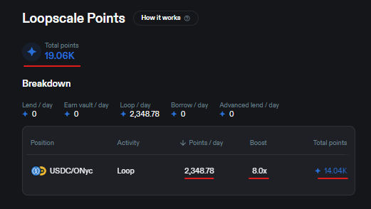 A screenshot of a Loopscale Points dashboard showing a total of 19.06K points, with a breakdown table listing USDC/ONyc earning 2,348.78 points/day from Looping with an 8.0x boost, totaling 14.04K points.