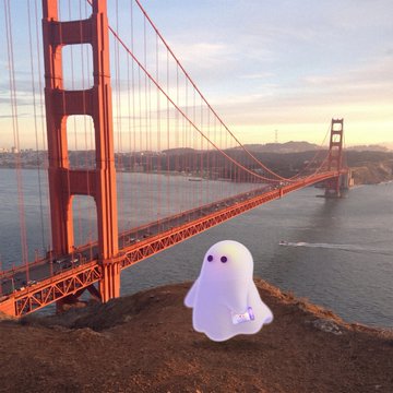 An edited image showing a glowing, purple-tinted ghost figure sitting on a hill with the Golden Gate Bridge and San Francisco in the background.