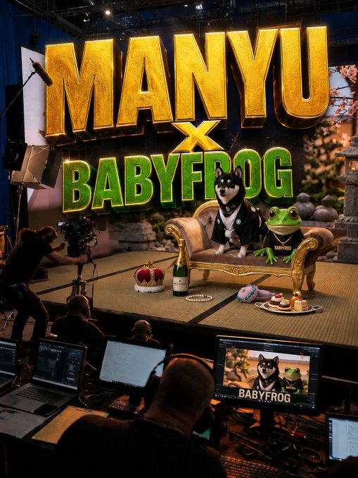 A behind-the-scenes view of a film production showing a set with 'MANYU x BABYFROG' signage, featuring a Shiba Inu dog and a frog character dressed in formal attire.