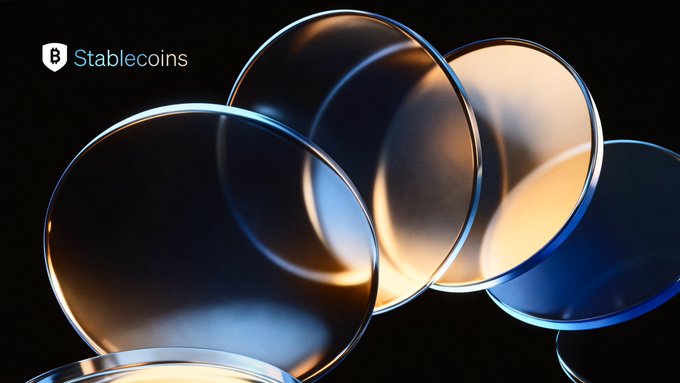 An artistic graphic featuring translucent overlapping spheres in blue and warm golden tones, with the text "Stablecoins" displayed in the upper left corner.