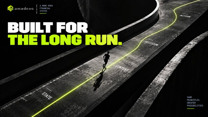 Amadeus promotional graphic titled 'BUILT FOR THE LONG RUN' showing a silhouette of a runner on a curved track with markers for 'STATE', 'CONTENT', 'DECISION', and 'ACTION', with the tagline 'SAME PRINCIPLES. GREATER POSSIBILITIES.'