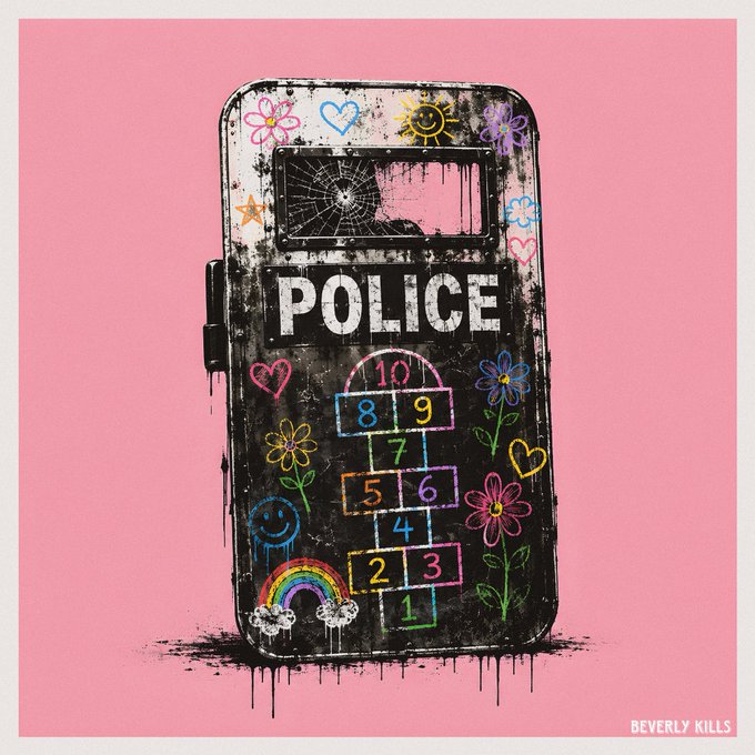 An illustration on a pink background depicting a distressed black police riot shield covered in colorful, childlike drawings of flowers, hearts, rainbows, and a numbered hopscotch grid, with the text 'BEVERLY KILLS' in the corner.