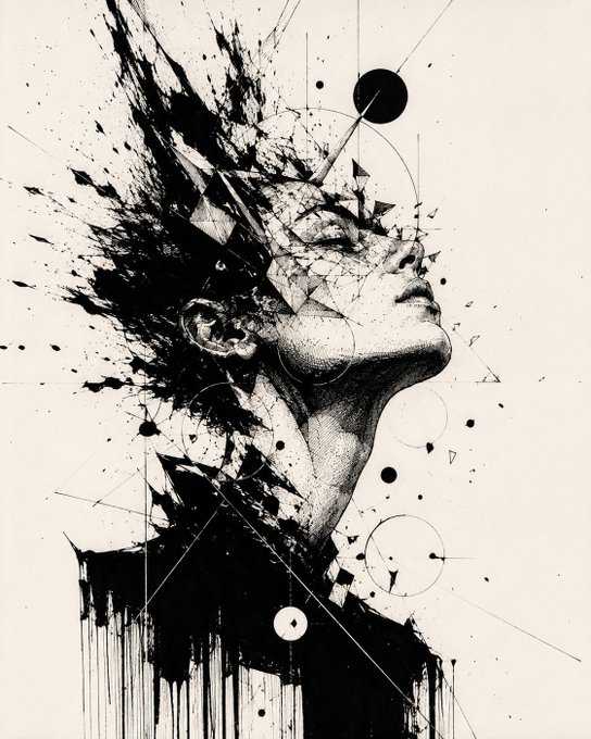 Black and white ink art of a woman's profile facing upward, with her hair and the back of her head exploding into geometric fragments, shards, and splatters.