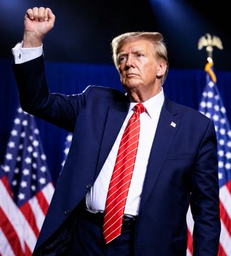 Donald Trump raises his fist in a confident pose, aligning with the White House's reported consideration of a "Strategic Bitcoin Reserve" and a message that "America Wants to Lead With Bitcoin."