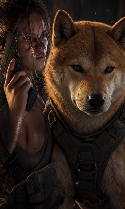 A digital illustration of a serious-looking woman holding a handgun next to a Shiba Inu dog wearing a tactical harness, both appearing battle-worn.