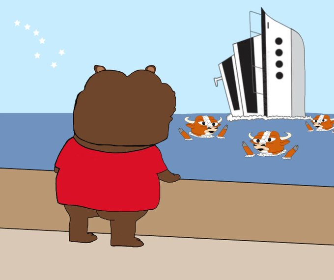 A cartoon illustration of a brown bear character in a red shirt standing on a beach, looking out at the ocean where a sinking ship and several orange cats wearing life vests are visible.