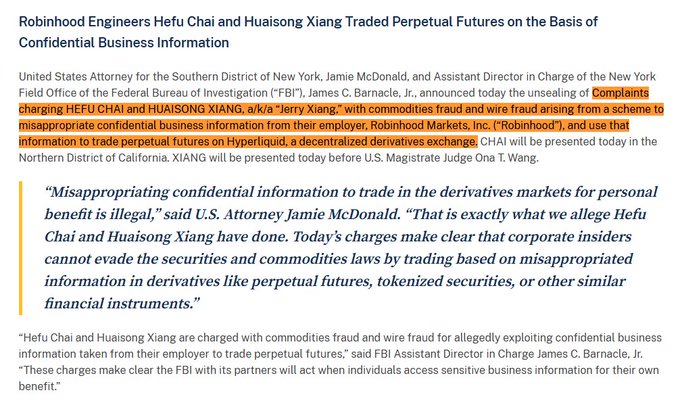 The image displays a DOJ press release headlined "Robinhood Engineers Hefu Chai and Huaisong Xiang Traded Perpetual Futures on the Basis of Confidential Business Information," with a highlighted excerpt detailing charges of commodities fraud and wire fraud filed in the Northern District of California by U.S. Attorney Jamie McDonald and FBI Assistant Director James C. Barnacle, Jr. The accompanying post confirms the news that the DOJ has charged the two Robinhood engineers with fraud for alleged insider trading on Hyperliquid, directly corresponding to the allegations described in the document.