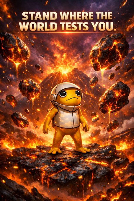 An action-packed digital illustration of a small, yellow, helmeted character standing on a rocky platform amidst floating fiery meteors, with the text 'STAND WHERE THE WORLD TESTS YOU.'