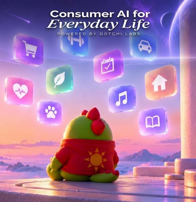 A 3D-rendered promotional image titled "Consumer AI for Everyday Life POWERED BY GOTCHI LABS," showing a green dinosaur-like character looking at floating app icons against a pastel sky.