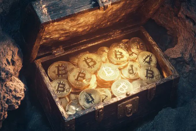A wooden treasure chest overflowing with gold coins, each stamped with the Bitcoin 'B' logo, sitting on rocky ground illuminated by warm light.