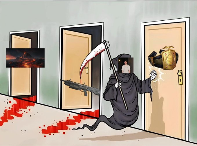 A cartoon depicts a grim reaper choosing between doors showing a gun, a man, and a pile of money (laced with a gold FIFA World Cup trophy), with blood on the floor.