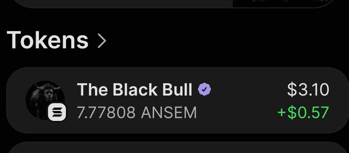 A dark-themed tokens dashboard showing 'The Black Bull' token (ANSEM) priced at $3.10, up $0.57.