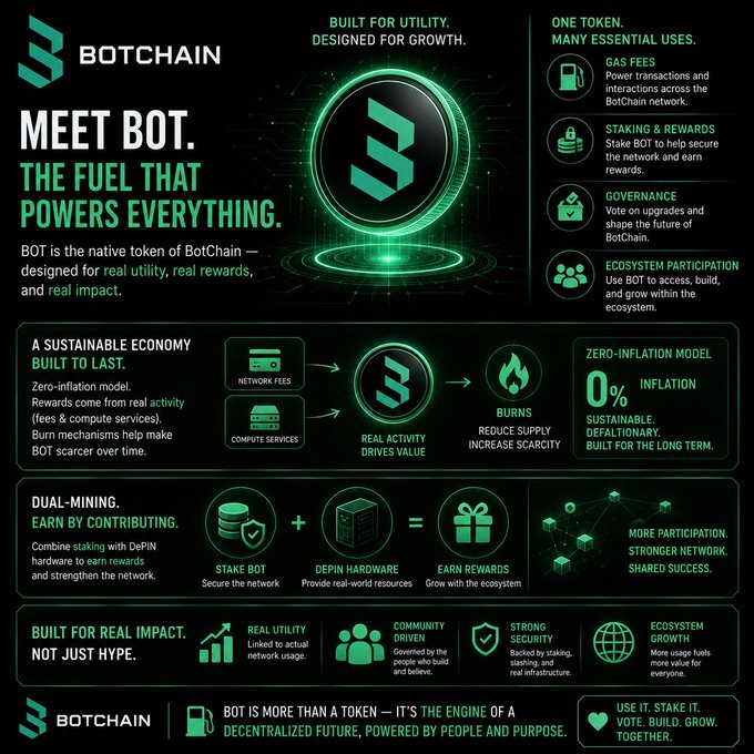 This infographic promotes BOT, the native token of BotChain, describing it as "the fuel that powers everything" with multiple essential uses including gas fees, staking & rewards, governance voting, and ecosystem participation. It highlights key features like a zero-inflation (0%) sustainable economic model, dual-mining capabilities combining BOT staking with DePIN hardware, and core values of real utility, community-driven growth, and strong security—aligning with the post's message that BOT functions as practical fuel for the network through transactions, staking, and governance voting.