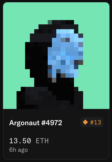 An NFT listing card for 'Argonaut #4972', featuring a pixelated astronaut helmet with a blue visor against a mint green background, priced at 13.50 ETH (#13) listed 6 hours ago.