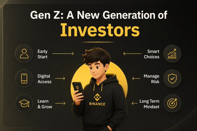 A young man wearing a black "BINANCE" hoodie looks at his phone, surrounded by six key traits of Gen Z investors: Early Start, Digital Access, Learn & Grow, Smart Choices, Manage Risk, and Long Term Mindset. The graphic visually reinforces the post's message that younger investors are approaching markets earlier, more digitally, and with a more deliberate, long-term mindset than previous generations.