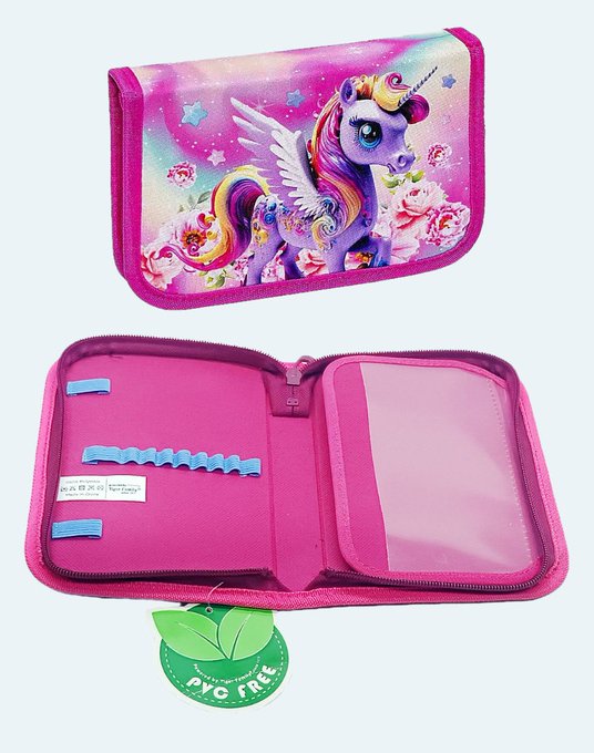 A pink children's pencil case featuring a winged unicorn design, shown both closed and open to reveal pen holders and a clear pocket, with a 'PVC FREE' tag.