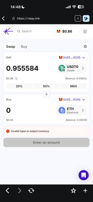 A user experiencing a transaction issue on Relay.link shows an attempted swap of 0.955584 USDT to ETH that failed due to an "Invalid input or output currency" error, suggesting a technical glitch may be behind their missing funds after bridging from Stable back to Robinhood.