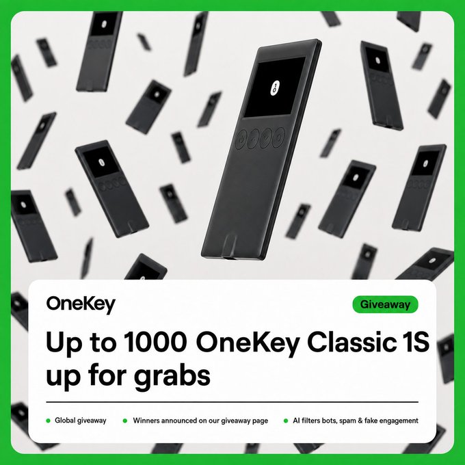 A promotional graphic for a OneKey giveaway advertising "Up to 1000 OneKey Classic 1S up for grabs" as a global giveaway, showing multiple black hardware wallets with green accent borders and text noting "All filters bots, spam & fake engagement."