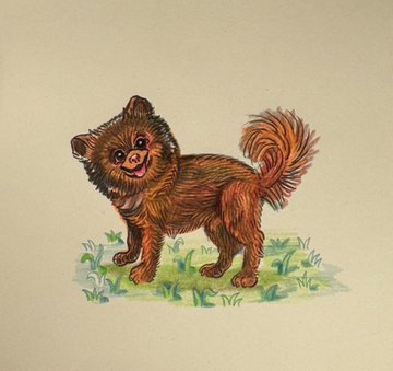 A cheerful watercolor illustration of a fluffy brown dog with a curled tail stands in a patch of green grass, with no visible text. The charming artwork relates to the post by highlighting that this is one of two original pieces by Matt Furie, the creator of Pepe, depicting the BERT mascot.