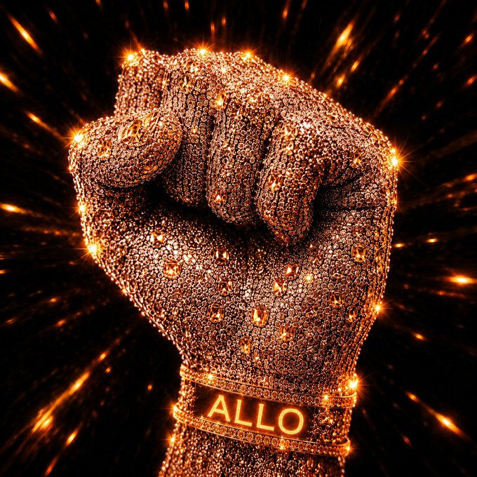 The image features a close-up of a hand with a gold bracelet, which has the word "ALLO" written on it. The background of the image is black, but there are some orange lights shining through, creating a striking contrast against the dark backdrop. This artistic choice adds to the overall visual appeal and impact of the photo.