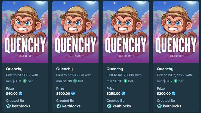 The image shows a lineup of four posters or cards featuring a cartoon character that reads "Quenchy". These posters are for the slot "Quenchy" at a casino, offering various prizes and games like poker or baccarat. Some of these games include a free prize if you can answer questions correctly in the shortest time possible. The text on the posters states the game's name, prize amounts, and the type of gaming experience it offers. They are displayed side by side to showcase their different offerings to potential players interested in trying out "Quenchy".