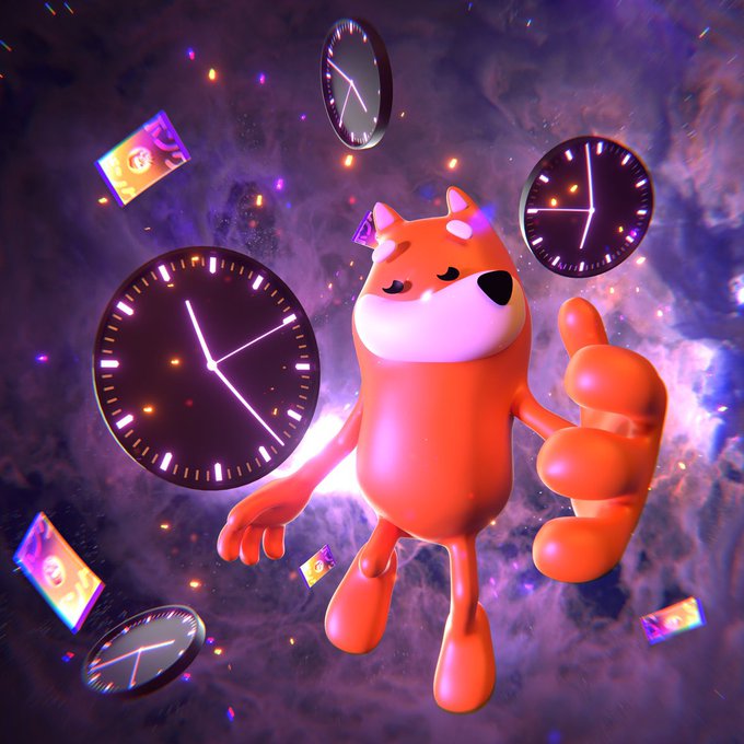 The image features a cartoon character resembling a dog standing in front of multiple clocks. The character has its arms raised in a "thumbs up" gesture, giving an impression that they are expressing approval or satisfaction with the time displayed by the clocks. The clocks vary in size and position within the image, creating a sense of depth and dimension. The post seems to be promoting a game called "Focus List", which is a trading card game based on the Japanese oripa style. This game involves collecting and trading cards featuring characters from various anime series or other forms of media.