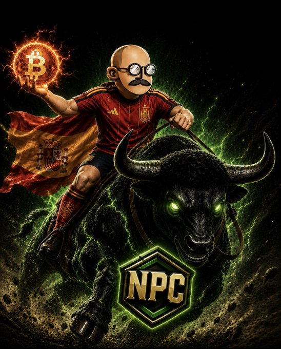 A digital illustration shows a bald man with glasses and a mustache wearing a red Spain national football team jersey with a cape, riding a charging black bull with glowing green eyes while holding a glowing Bitcoin symbol; a green hexagonal 'NPC' logo appears below.