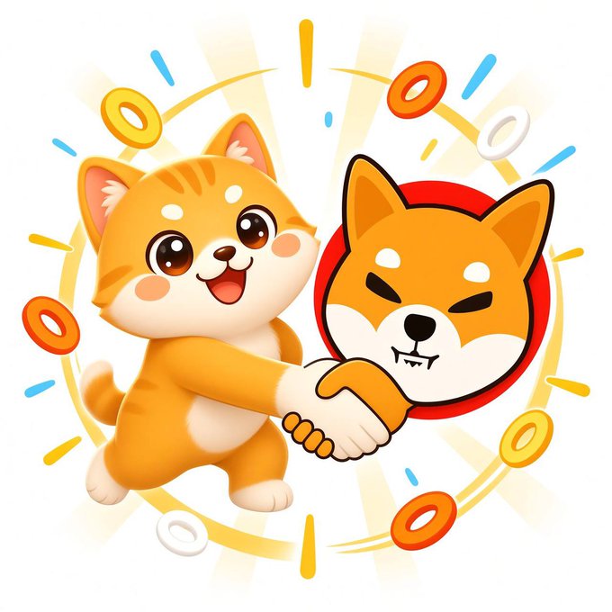 A cartoon orange and white cat character happily shakes hands with a Shiba Inu dog mascot logo against a white background with colorful confetti.