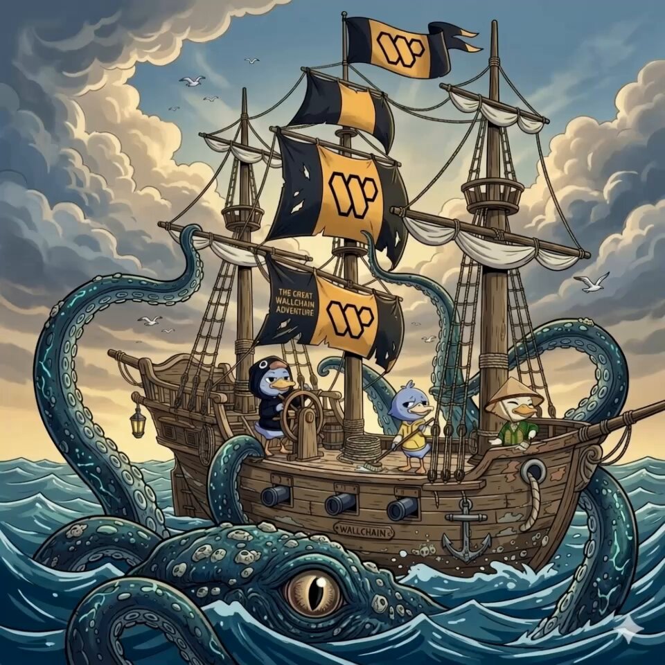 The image features a cartoon ship sailing through rough waters, accompanied by three sea creatures - a giant squid, an octopus, and a penguin. The ship has a pirate flag flying from its mast, adding a sense of adventure to the scene. The background shows a cloudy sky, which complements the overall theme of the artwork.

The post that accompanies this image is titled "Mid morning vibes family In this volatile market I like focusing on projects building real value One that stands out is @wallchain Wallchain AttentionFi uses AI + ML to connect projects with quality KOLs, delivering 3-6x more relevant reach at lower cost". The post seems to be promoting a project or service related to the sea creatures and their adventures.