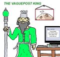 A meme illustration titled 'THE VAGUEPOST KING' depicting a knight figure next to a monitor displaying a blank or unclear post.