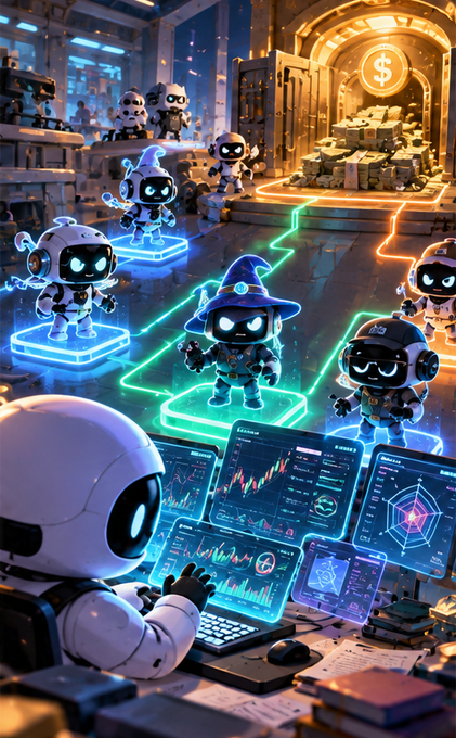 A digital artwork showing robots with glowing eyes and accessories navigating neon-lit pathways in a high-tech setting, with one robot analyzing charts and graphs on multiple monitors.