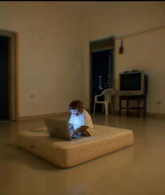 A small monkey sits on a beige mattress placed on the floor of a sparsely furnished room, intently looking at a laptop screen with city lights visible through a window in the background.