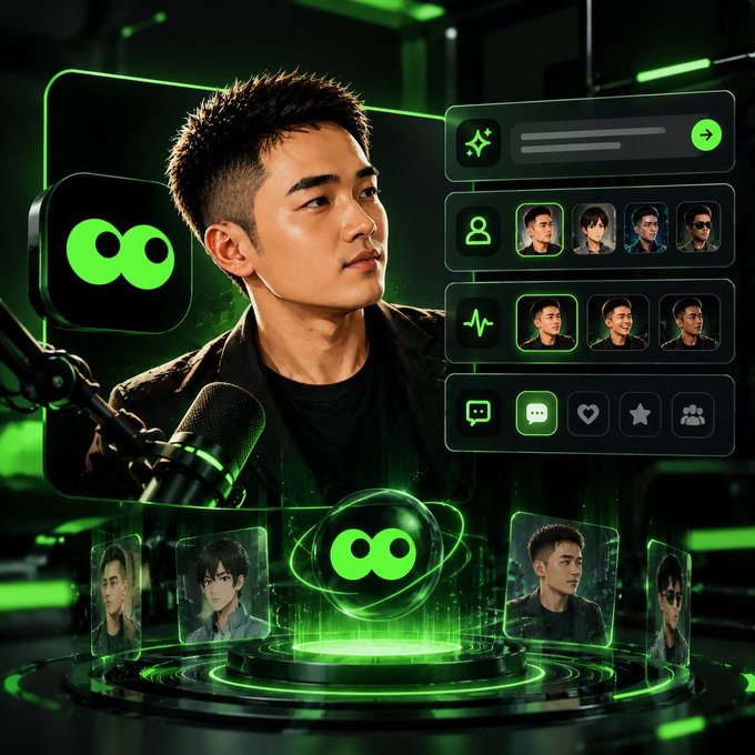 A digital illustration featuring a young man in a dark jacket positioned beside a microphone, surrounded by green-themed tech interface elements including user profile thumbnails, chat icons, and a central glowing infinity logo.