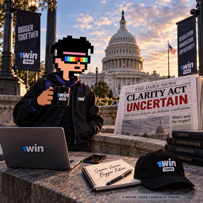 A promotional image featuring a pixelated character in a '1win TOKEN' branded jacket holding a branded mug, with a laptop, cap, newspaper showing 'CLARITY ACT UNCERTAIN', and U.S. Capitol in the background. Banners read 'BIGGER TOGETHER' and 'REGULATION INNOVATION OPPORTUNITY'. Text at bottom: 'A MAJOR TOKEN LAUNCH IS COMING'.