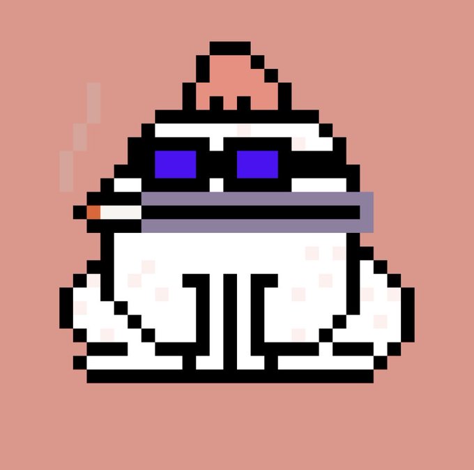 Pixel art illustration of a cloaked figure with a large nose wearing purple sunglasses and smoking a cigarette against a solid pink background.